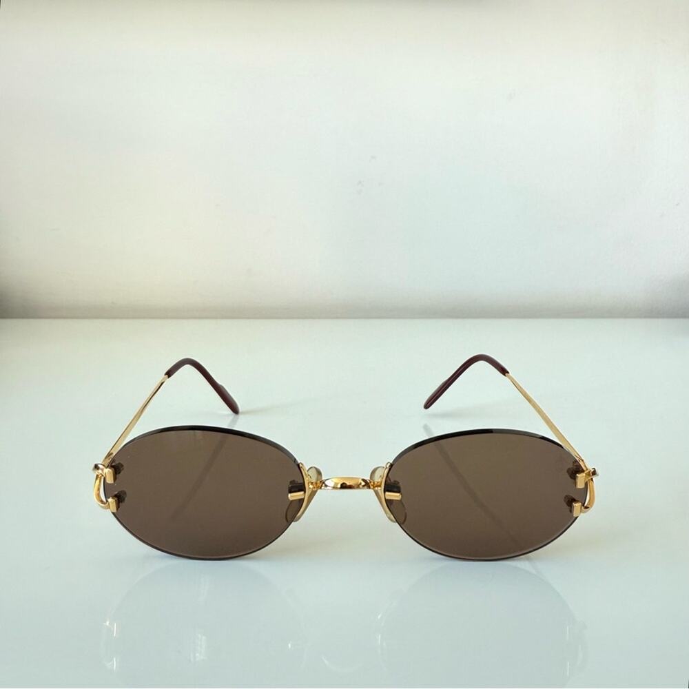 CARTIER Oval Rimless Sunglasses Brown  Gold Frame Authentic Vintage